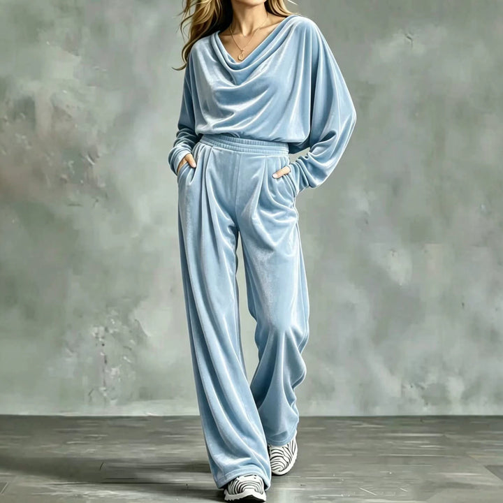 Women's Velvet Loungewear Set with Waterfall Collar, Wide Palazzo Cut and Insert Pockets Mune Fashion