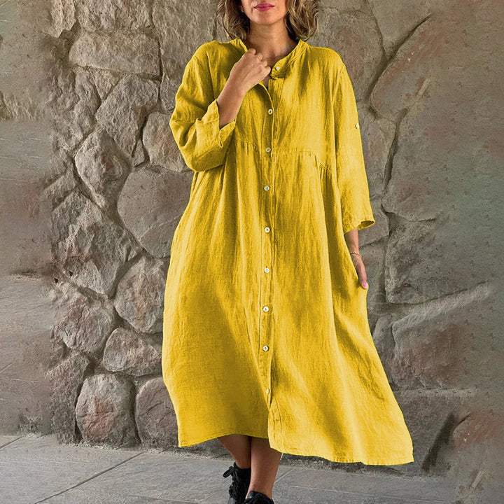 Women's Loose Midi Dress in Linen Blend with Continuous Button Placket and Side Pockets Mune Fashion