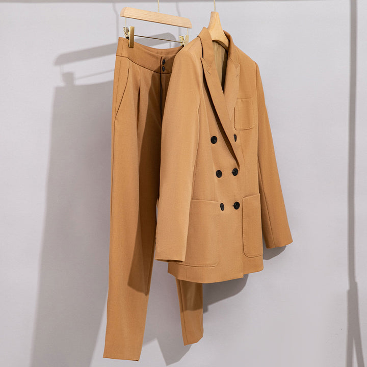 Women's Double-Breasted Blazer-Pants Set made of Wool Blend with Casual Oversized Blazer and High-Waisted Pleated Trousers Mune Fashion