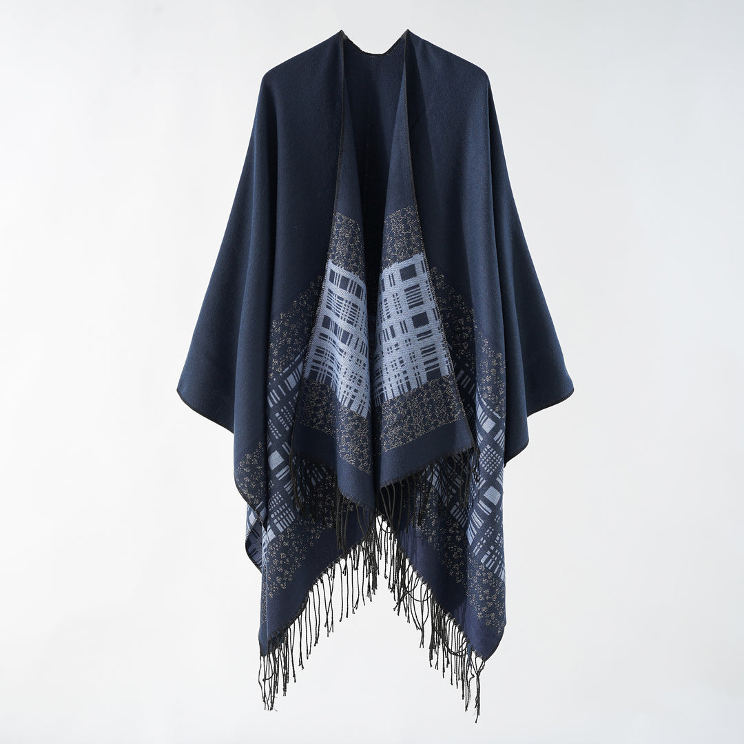 Women's wool blend shoulder poncho with jacquard pattern and fringe hem Mune Fashion