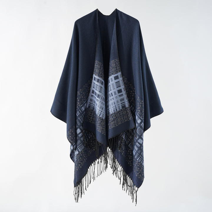Women's wool blend shoulder poncho with jacquard pattern and fringe hem Mune Fashion