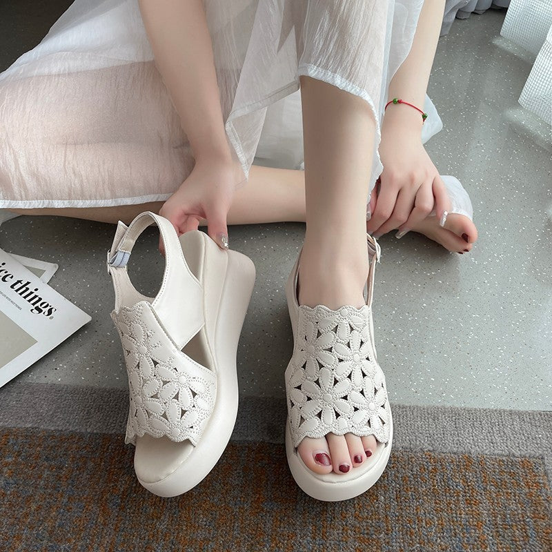 Women's nano wedge sandal with floral laser perforation, padded anatomical insole, and adjustable heel strap Mune Fashion