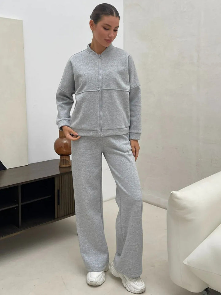 Women's Casual Zip Lounge Set with Stand Collar and Wide High Waist Jog Pants Mune Fashion