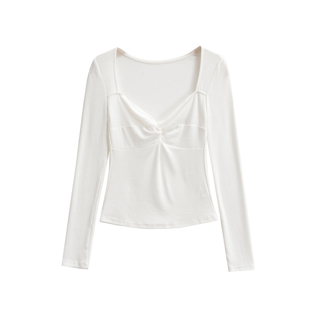 Women's Long Sleeve Shirt with Twist Knot Detail, Shaping Bust Part and Wide Neckline Mune Fashion