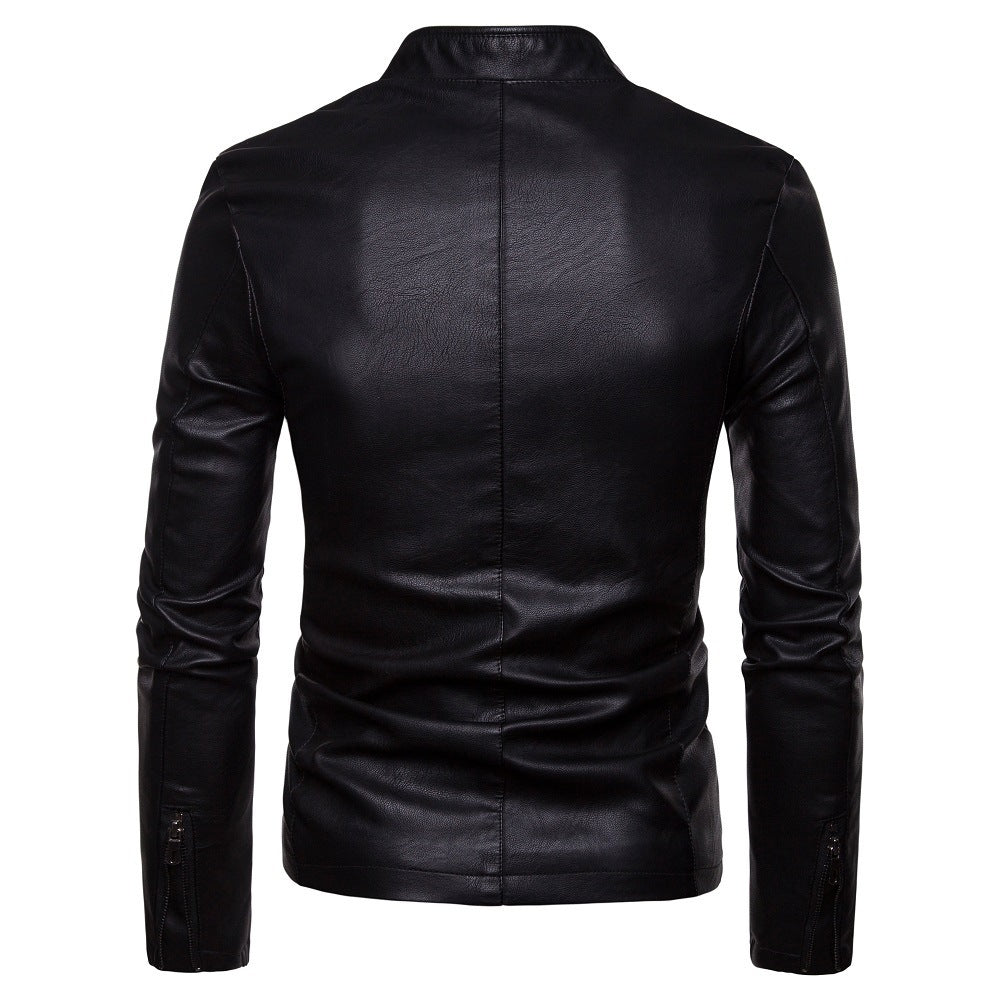 Men's narrow cut lamb leather biker jacket with stand-up collar and tonal decorative stitching Mune Fashion