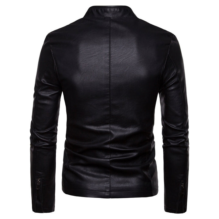 Men's narrow cut lamb leather biker jacket with stand-up collar and tonal decorative stitching Mune Fashion