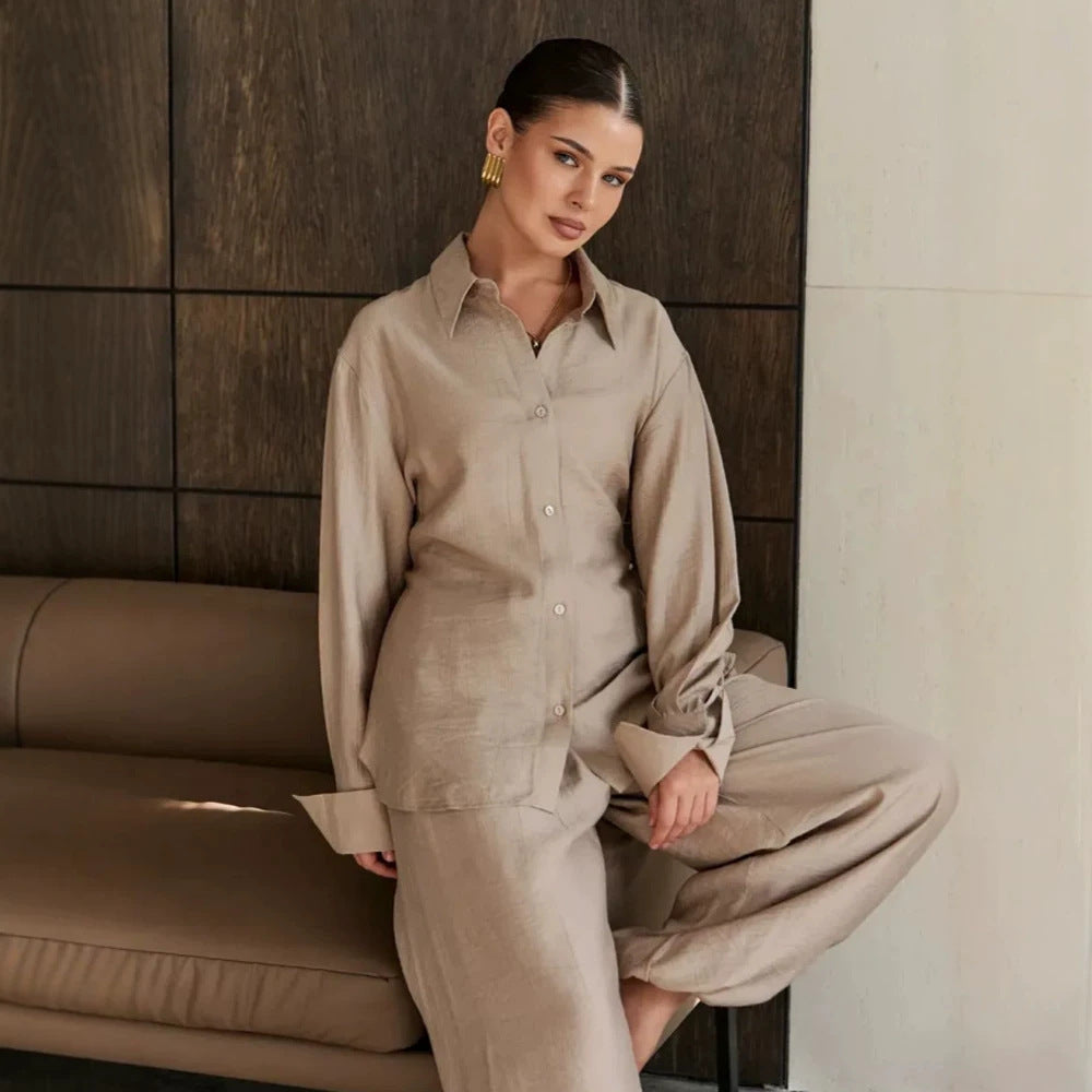 Women's Casual-Elegant Shirt and Pants Set with Drawstring, Elastic Waistband and Wide Leg Trousers