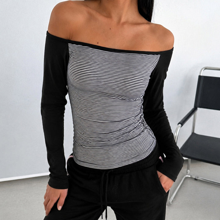 Women's fitted raglan long sleeve shirt with fine striped jersey, narrow waist, and elastic stretch material Mune Fashion