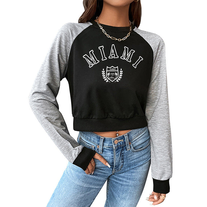 Women Short-Cropped College Sweatshirt with Raglan Sleeves and Elastic Hem Mune Fashion