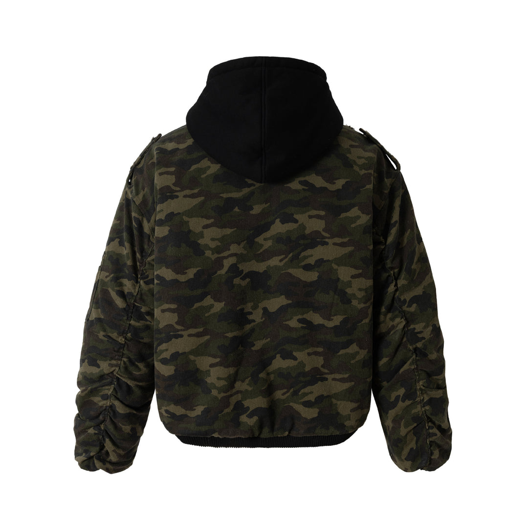 Men's Camouflage Utility Bomber Jacket with Hood, Distressed Details and Hook Closure Mune Fashion
