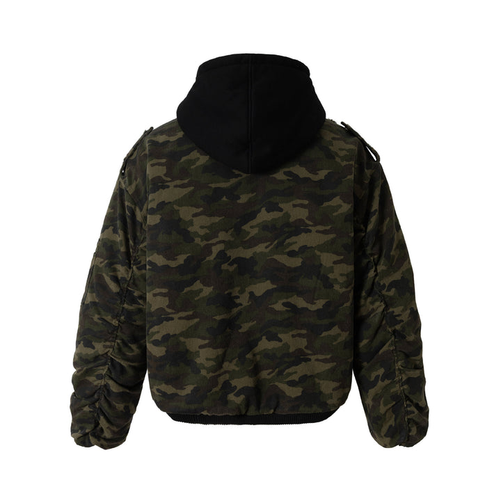 Men's Camouflage Utility Bomber Jacket with Hood, Distressed Details and Hook Closure Mune Fashion