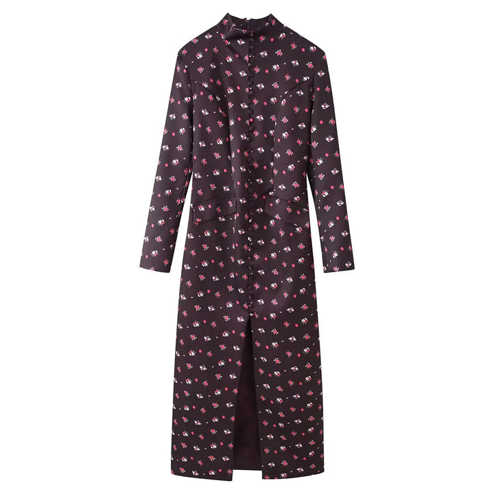 Women's patterned maxi dress with continuous button placket, stand collar, and side flap pockets Mune Fashion