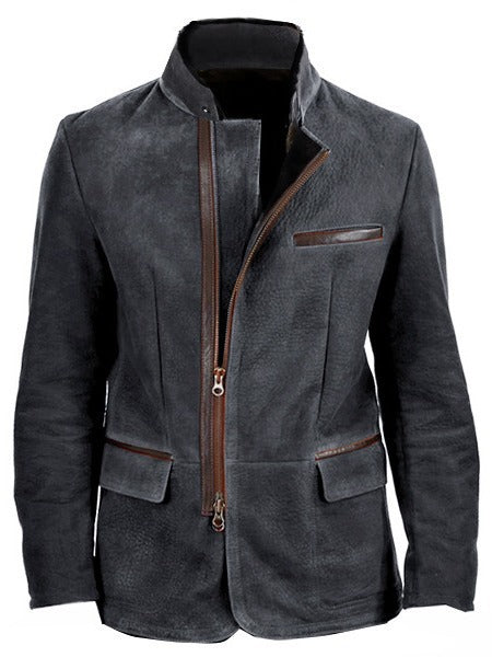 Men's suede field jacket in pilot style with stand-up collar, asymmetrical double-opening zipper and contrasting leather trims Mune Fashion