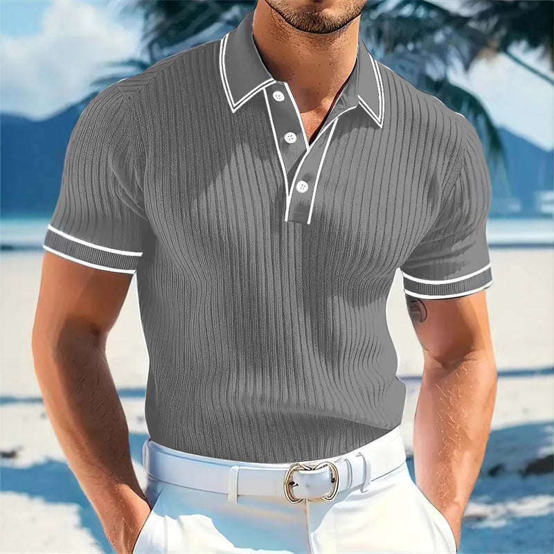 Men's fitted short-sleeve polo with Kent collar, short button placket, and fine vertical rib structure Mune Fashion