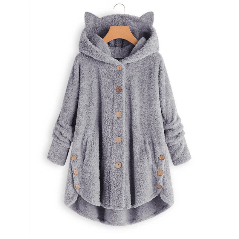 Women's Hooded Teddy Coat with Cat Ears, Button Placket and Asymmetrical Hem Mune Fashion