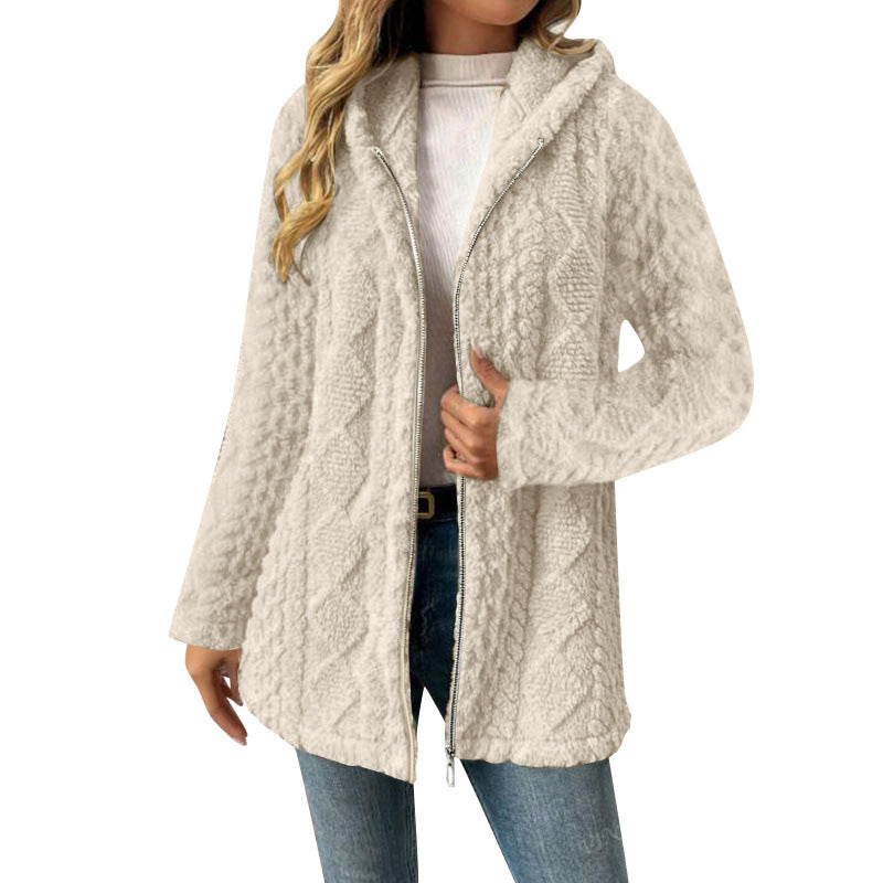 Women's Hooded Sherpa Jacket with Cable Pattern, Medium Length and Two-Way Zipper Mune Fashion
