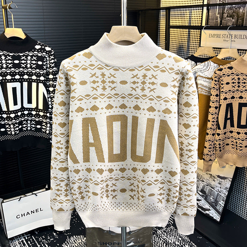 Men's turtleneck sweater with Norwegian jacquard and large logo print Mune Fashion