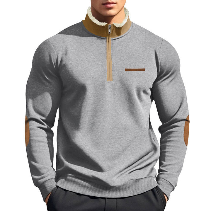 Men's half-zip troyer with teddy fleece collar and leather elbow patches Mune Fashion