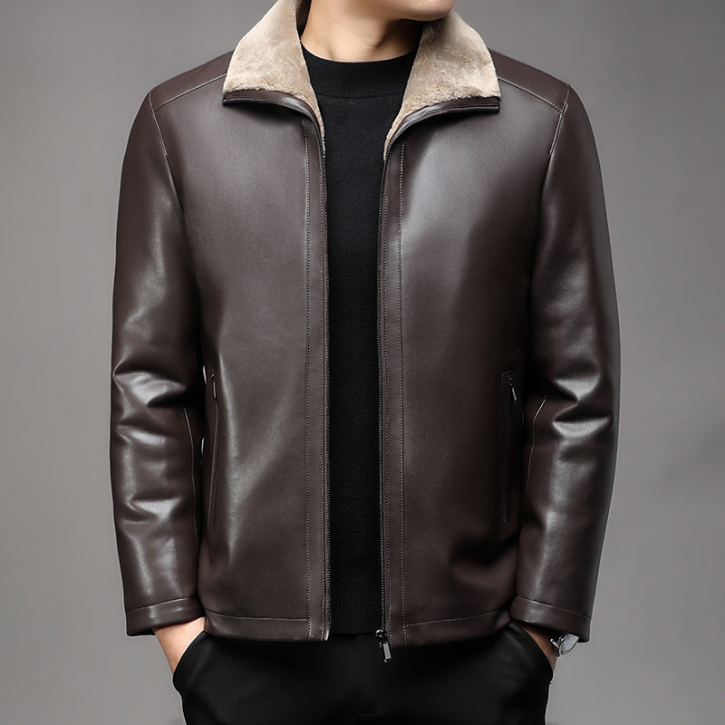 Men's Smooth Leather Blouson with Teddy Collar and Warm Faux Fur Lining Mune Fashion
