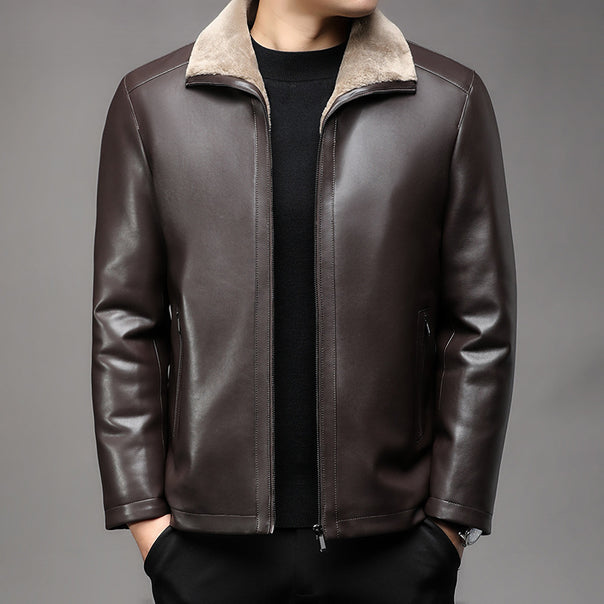 Men's leather jacket with warm lambskin lining and stand collar Mune Fashion