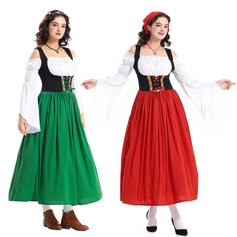 Ladies' Renaissance peasant dress with laced bodice, off-the-shoulder Carmen top, and wide skirt Mune Fashion