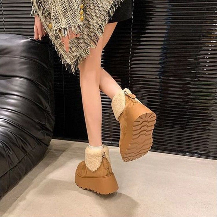 Women's Fleece-Lined Platform Ankle Boots with Teddy Collar and Chunky Sole Mune Fashion