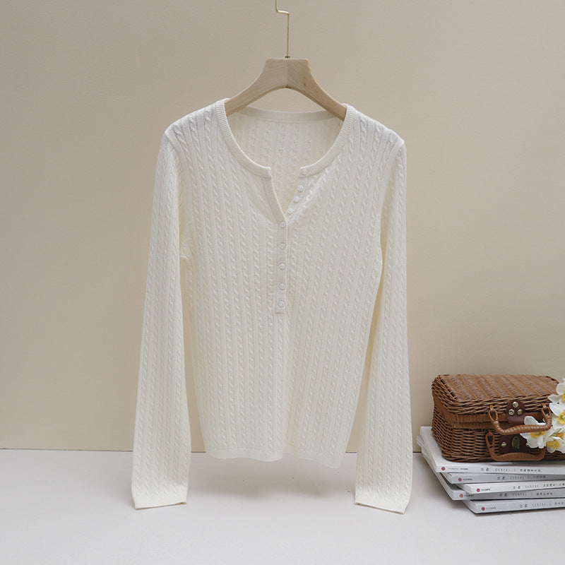 Women's Fine Cable Pattern Henley Fine Knit Shirt with Round Neck & Button Placket Mune Fashion