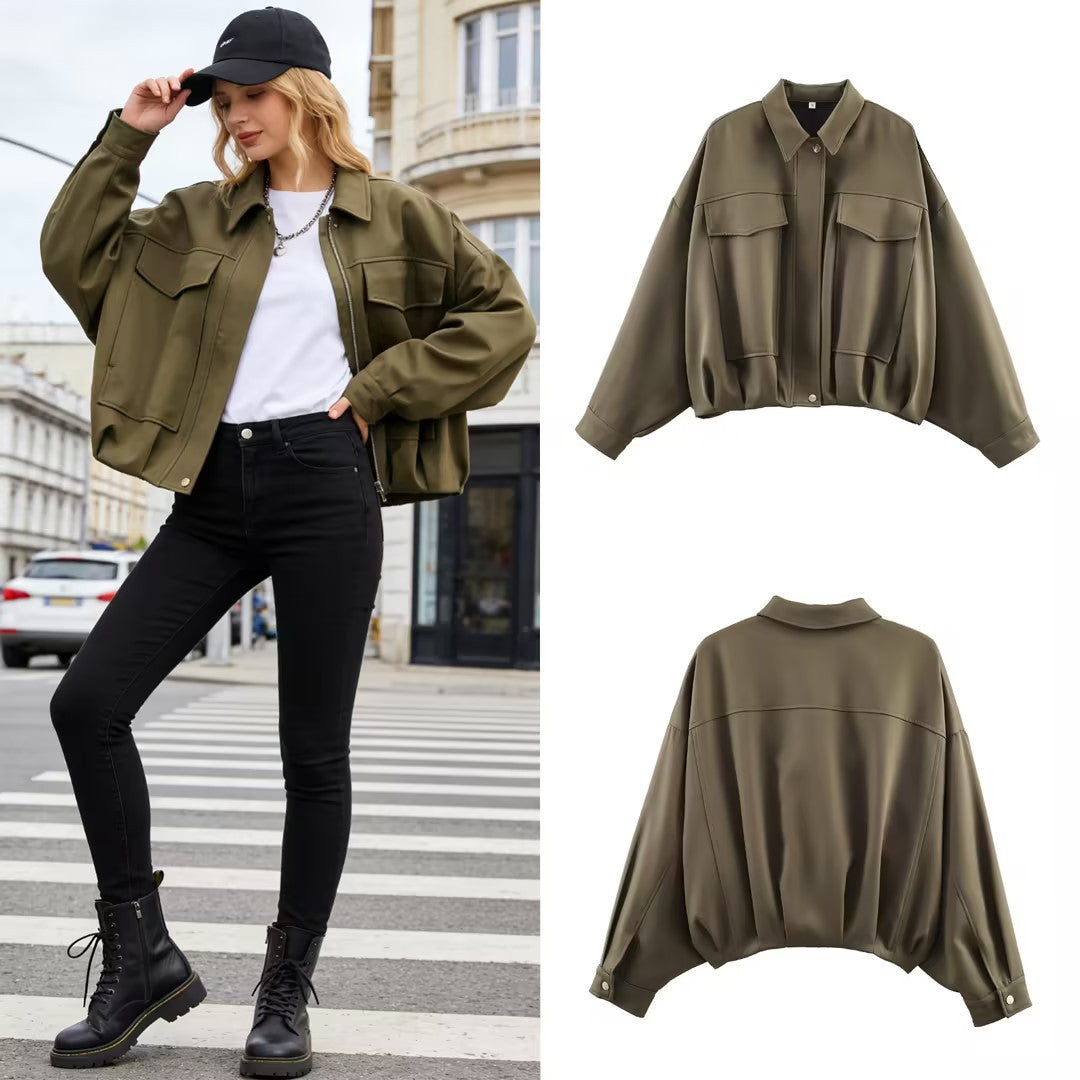 Women's Oversized Short Jacket with Flap Pockets, Drop Sleeves, and Elastic Hem Mune Fashion
