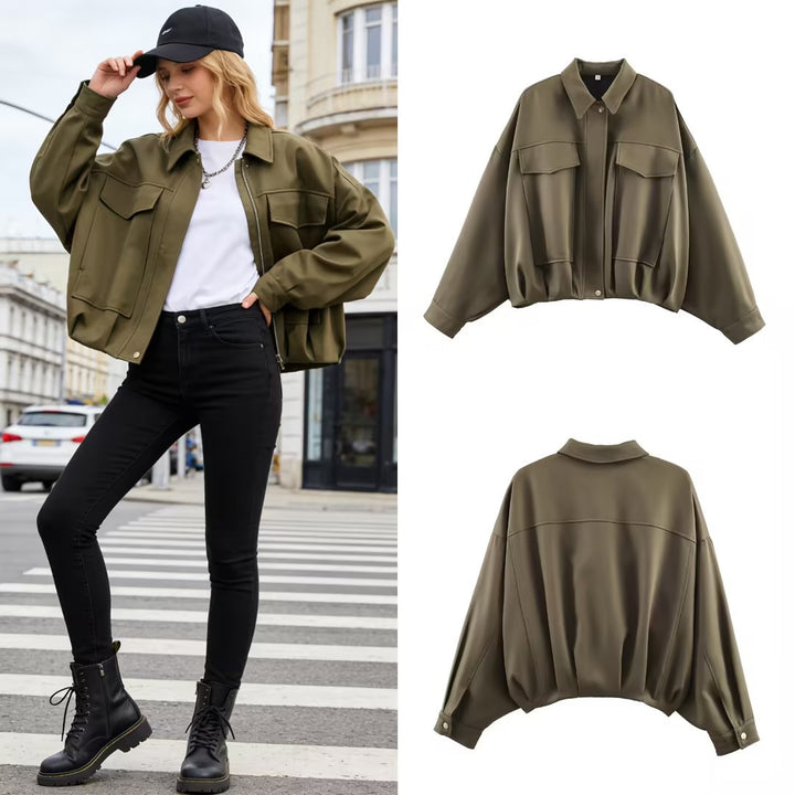 Women's Oversized Short Jacket with Flap Pockets, Drop Sleeves, and Elastic Hem Mune Fashion
