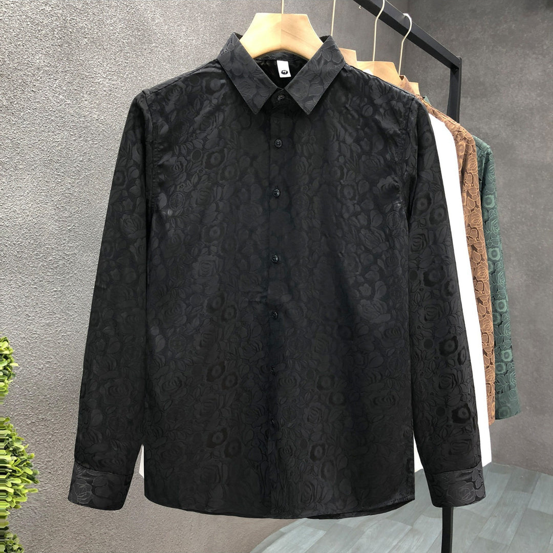 Men's Long Sleeve Jacquard Shirt with Fine Floral Relief and Kent Collar Mune Fashion