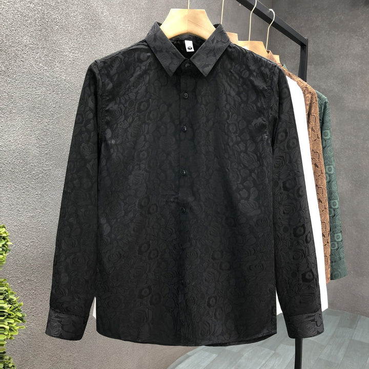 Men's Long Sleeve Jacquard Shirt with Fine Floral Relief and Kent Collar Mune Fashion