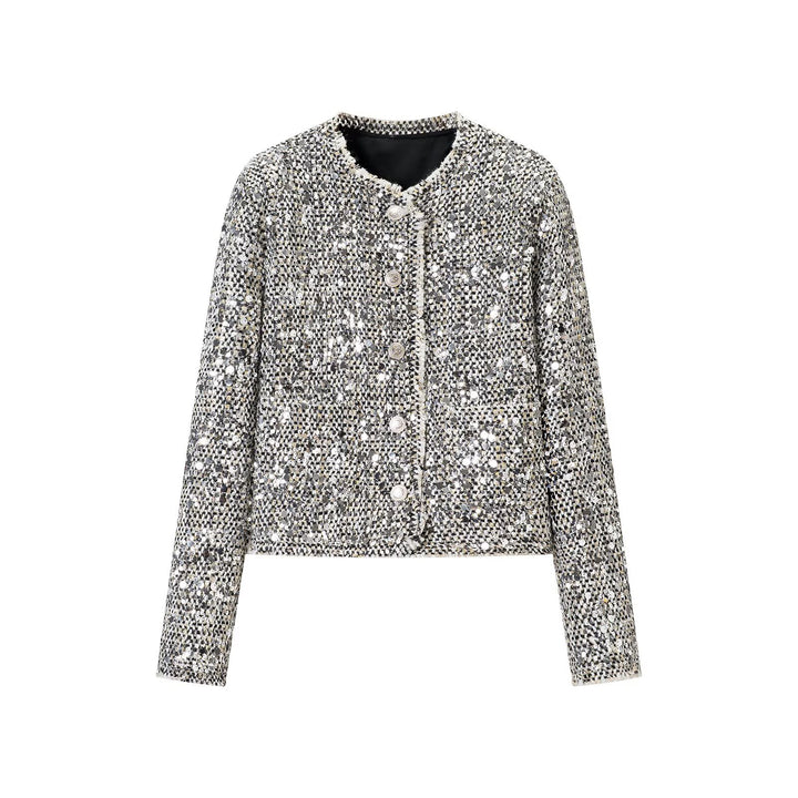 Women's short jacket in bouclé style with sequin trim and mother-of-pearl buttons Mune Fashion