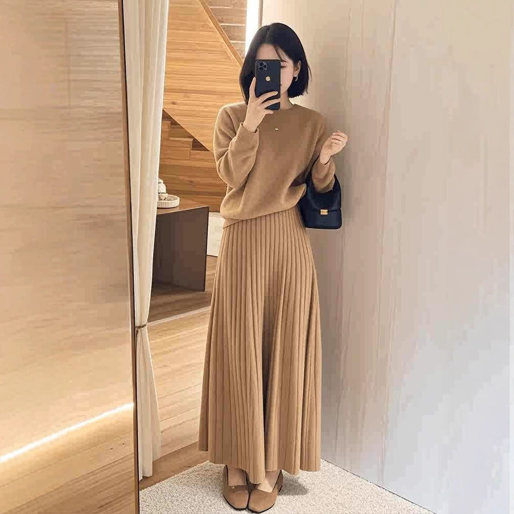 Women Oversize Knit Sweater and Pleated Maxi Skirt Set Mune Fashion