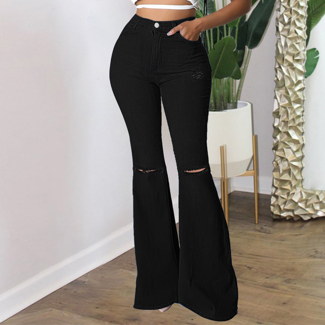 Women's high-waisted flared pants made of stretch denim with knee rips and shaping waistband Mune Fashion