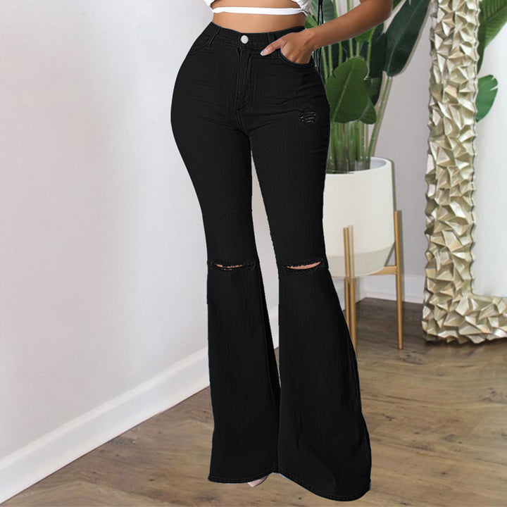 Women's high-waisted flared pants made of stretch denim with knee rips and shaping waistband Mune Fashion