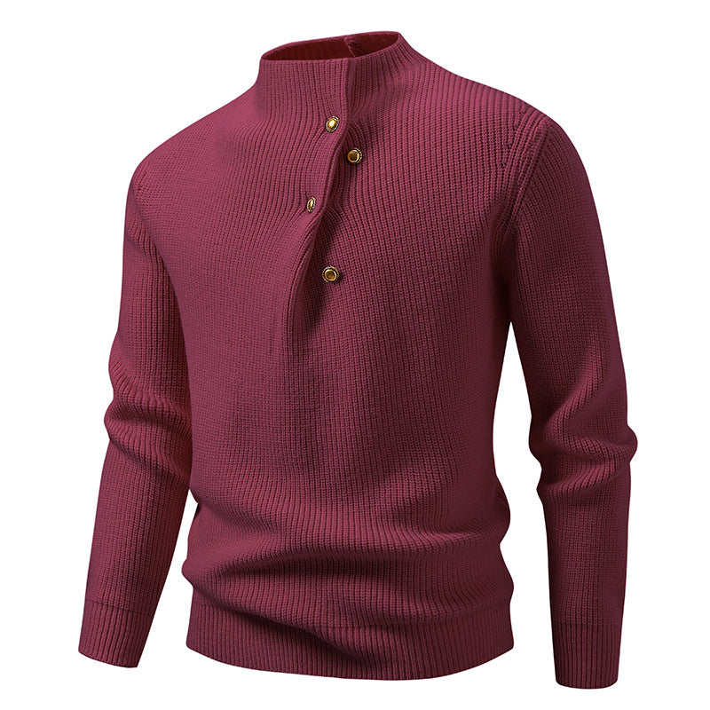 Men's fine knit sweater with asymmetric button placket and stand-up collar Mune Fashion