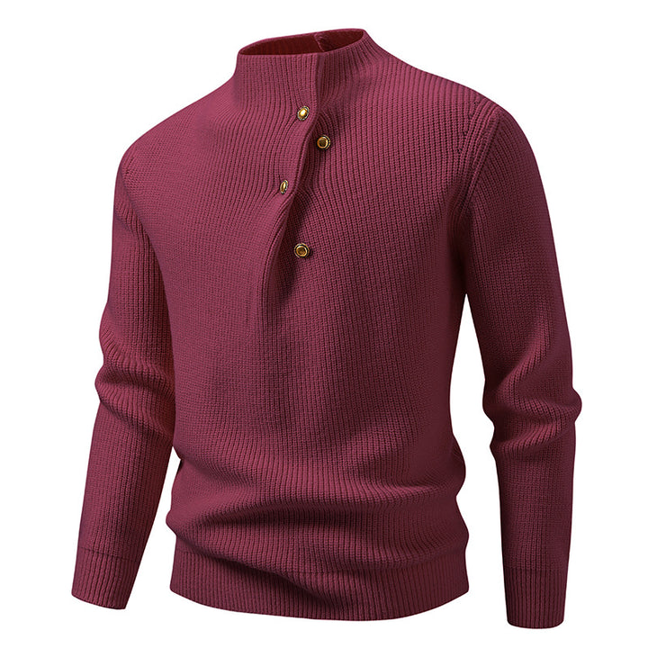 Men's fine knit sweater with asymmetric button placket and stand-up collar Mune Fashion