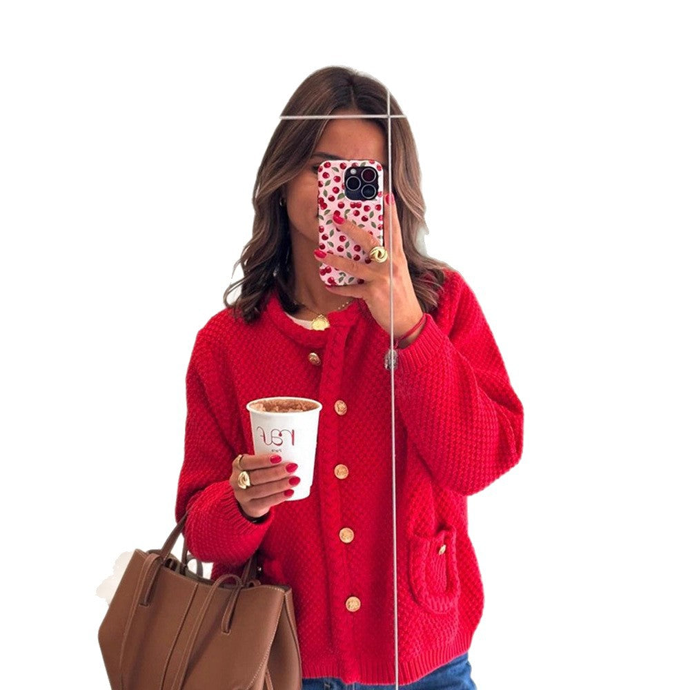 Women Structured Knit Cardigan with Cable Pattern and Golden Decorative Buttons Mune Fashion