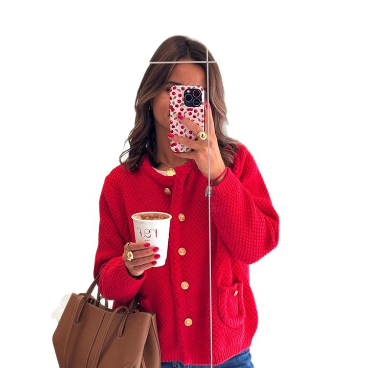 Women Structured Knit Cardigan with Cable Pattern and Golden Decorative Buttons Mune Fashion
