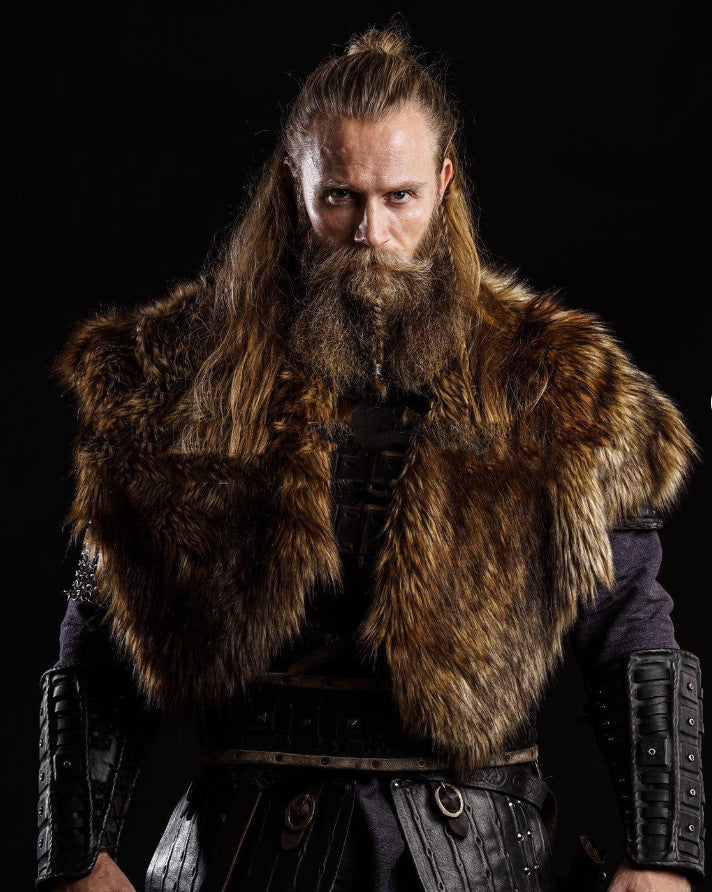 Men's historically inspired faux fur shoulder cape with leather straps Mune Fashion