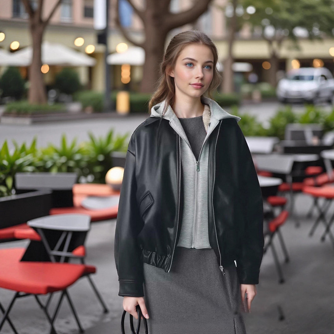Women Oversize Faux Leather Blouson with Hood Insert and Flap Pockets Mune Fashion