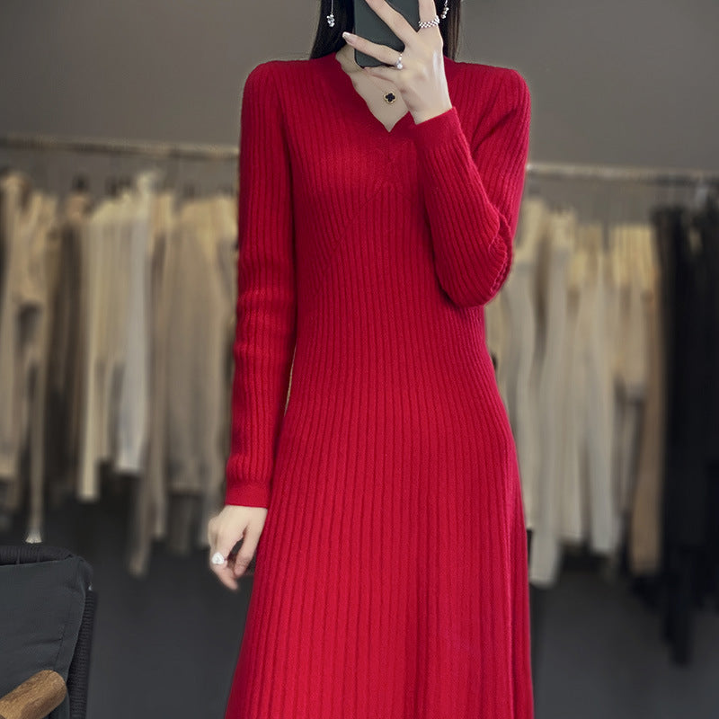 Women Long Ribbed Knit Midi Dress with Tailored Silhouette and A-Line Skirt Mune Fashion