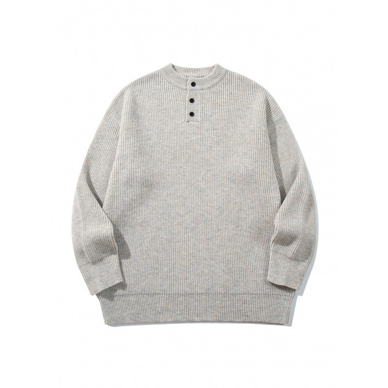 Unisex Oversize Chunky Knit Henley Sweater with Melange Structure and Ribbed Finishes Mune Fashion