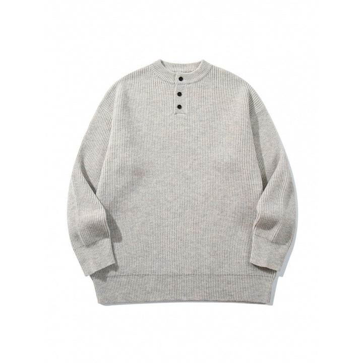 Unisex Oversize Chunky Knit Henley Sweater with Melange Structure and Ribbed Finishes Mune Fashion