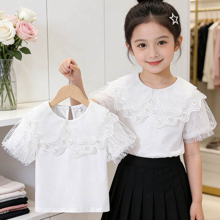Girl T-Shirt with elegant lace collar and airy sleeves Mune Fashion