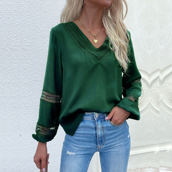 Ladies satin blouse with V-neck, decorative lace yoke and sleeves with lace insert Mune Fashion