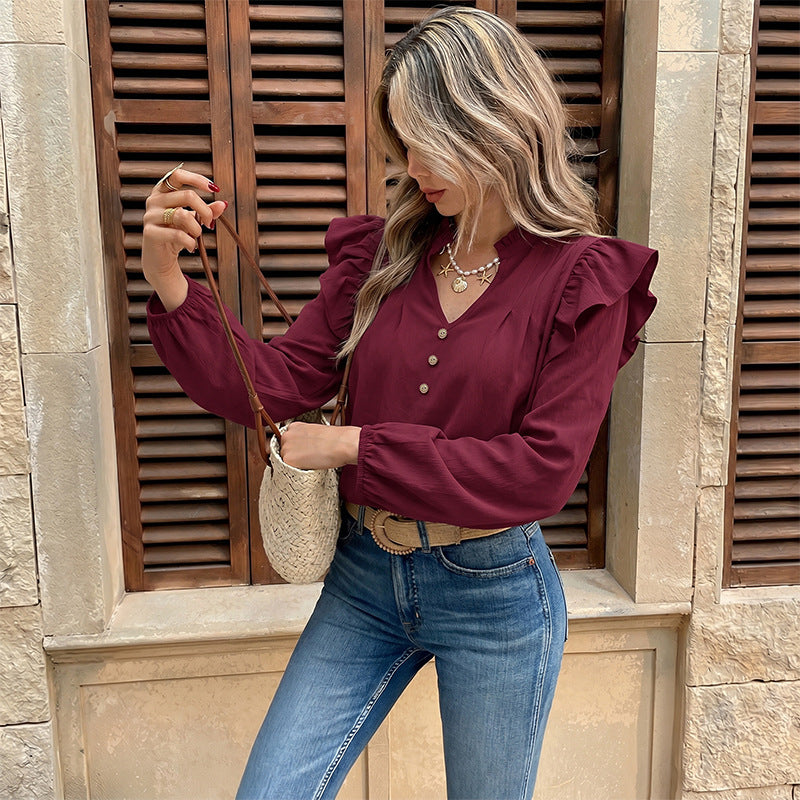 Women's ruffle blouse with stand-up collar, V-neck and decorative button placket Mune Fashion