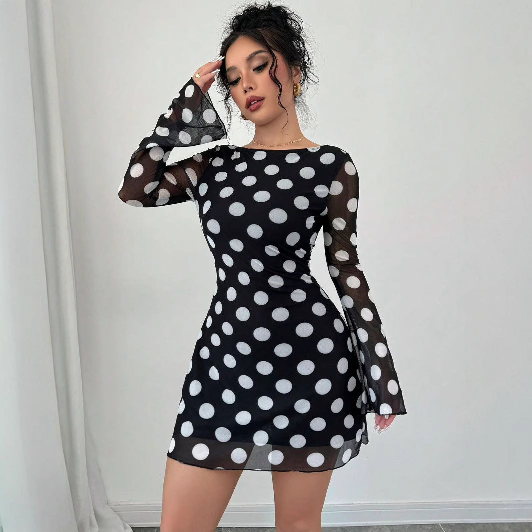 Women's figure-hugging transparent mesh mini dress with deep back neckline and polka dot pattern Mune Fashion