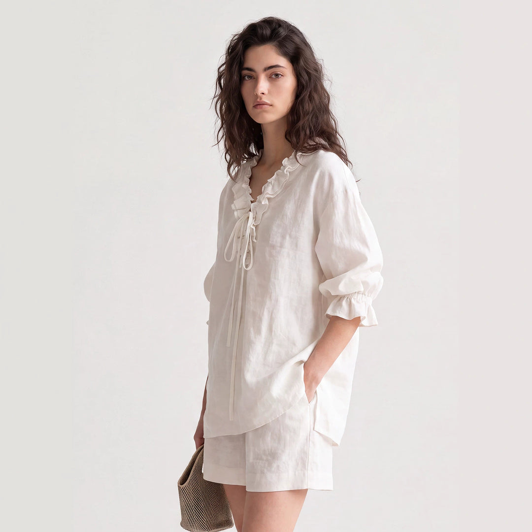 Damen Luftige Leinenbluse mit Rüschen Mune Fashion