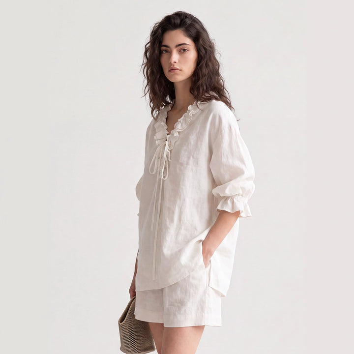 Damen Luftige Leinenbluse mit Rüschen Mune Fashion